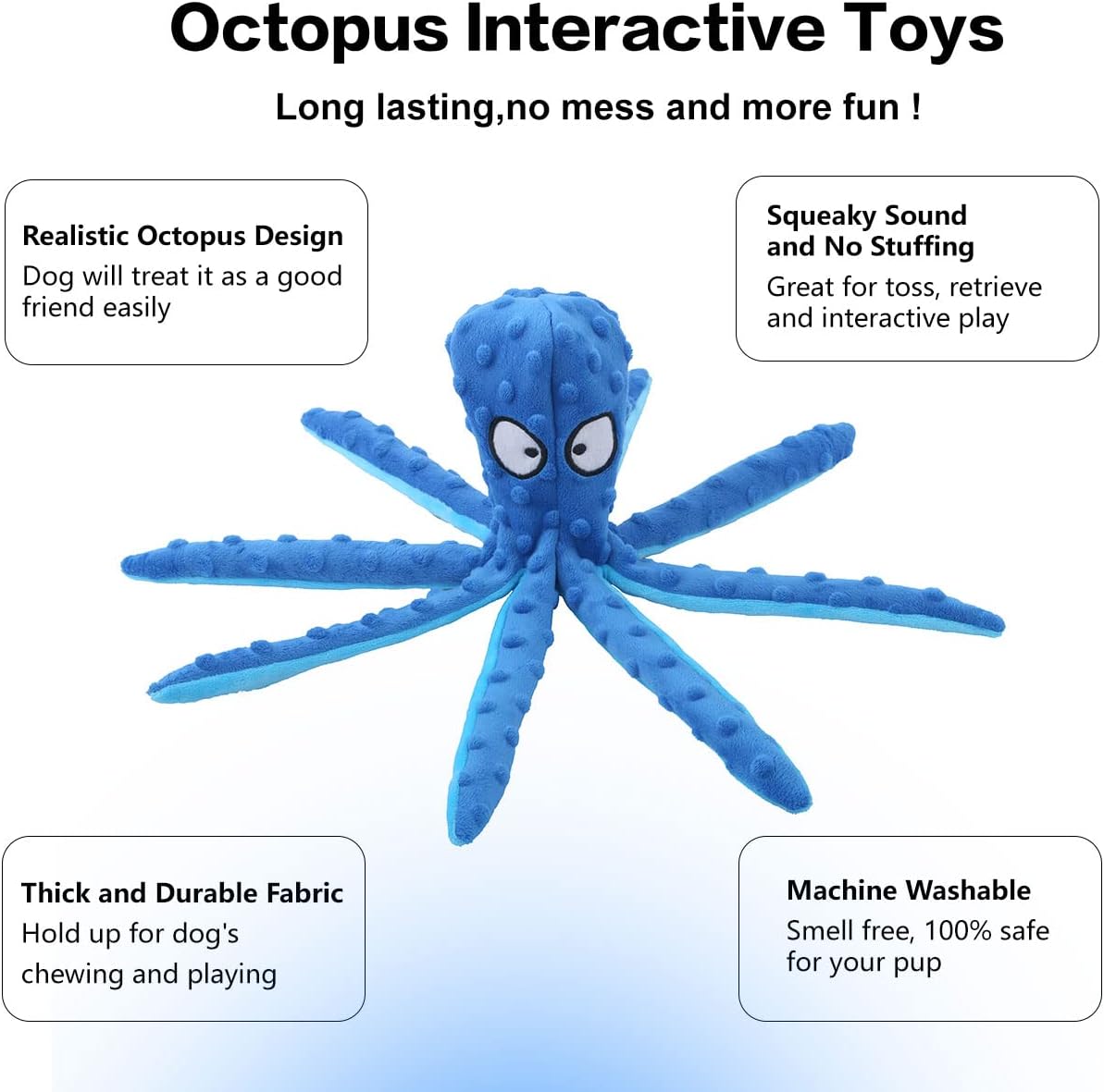 KFX-6839485 Durable No Stuffing Octopus Plush Dog Toy with Squeaker and Crinkle Sound for Interactive Play