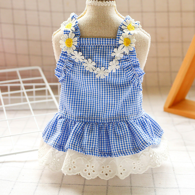 KFX-6846141 Yellow Plaid Sunflower Bee Skirt for Cats with Matching Hairpin, Casual Style