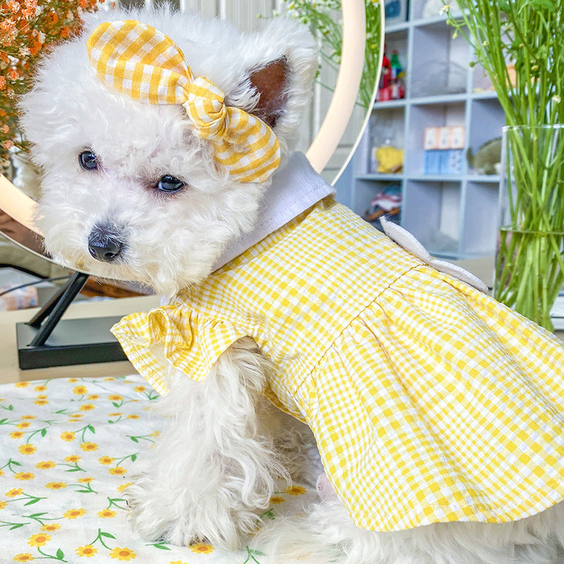 KFX-6846141 Yellow Plaid Sunflower Bee Skirt for Cats with Matching Hairpin, Casual Style