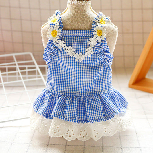 KFX-6846141 Yellow Plaid Sunflower Bee Skirt for Cats with Matching Hairpin, Casual Style