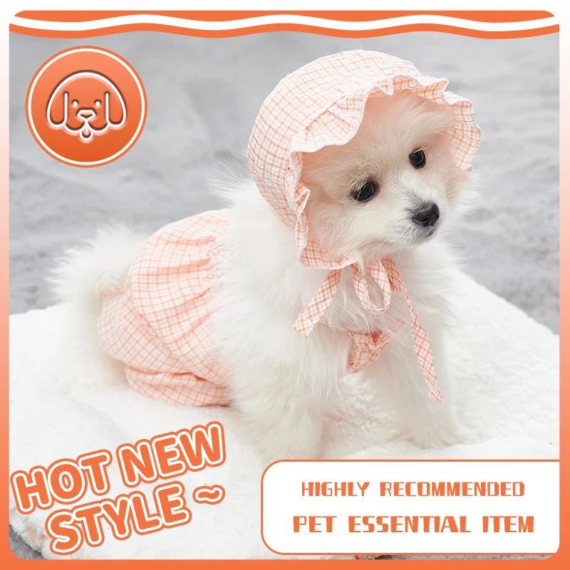 KFX-6851133 Orange Pet Jumpsuit with Hat for Summer Outdoor Adventures - Stylish Outfit for Puppies, Cats, Yorkies, and Chihuahuas