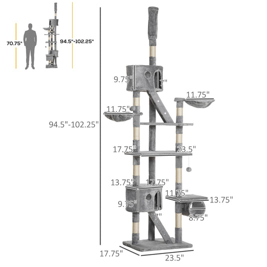 KFX-6852797 Adjustable Floor Standing Cat Tree with Hammock - 94.5-10.25 Inch Height for Climbing and Relaxation