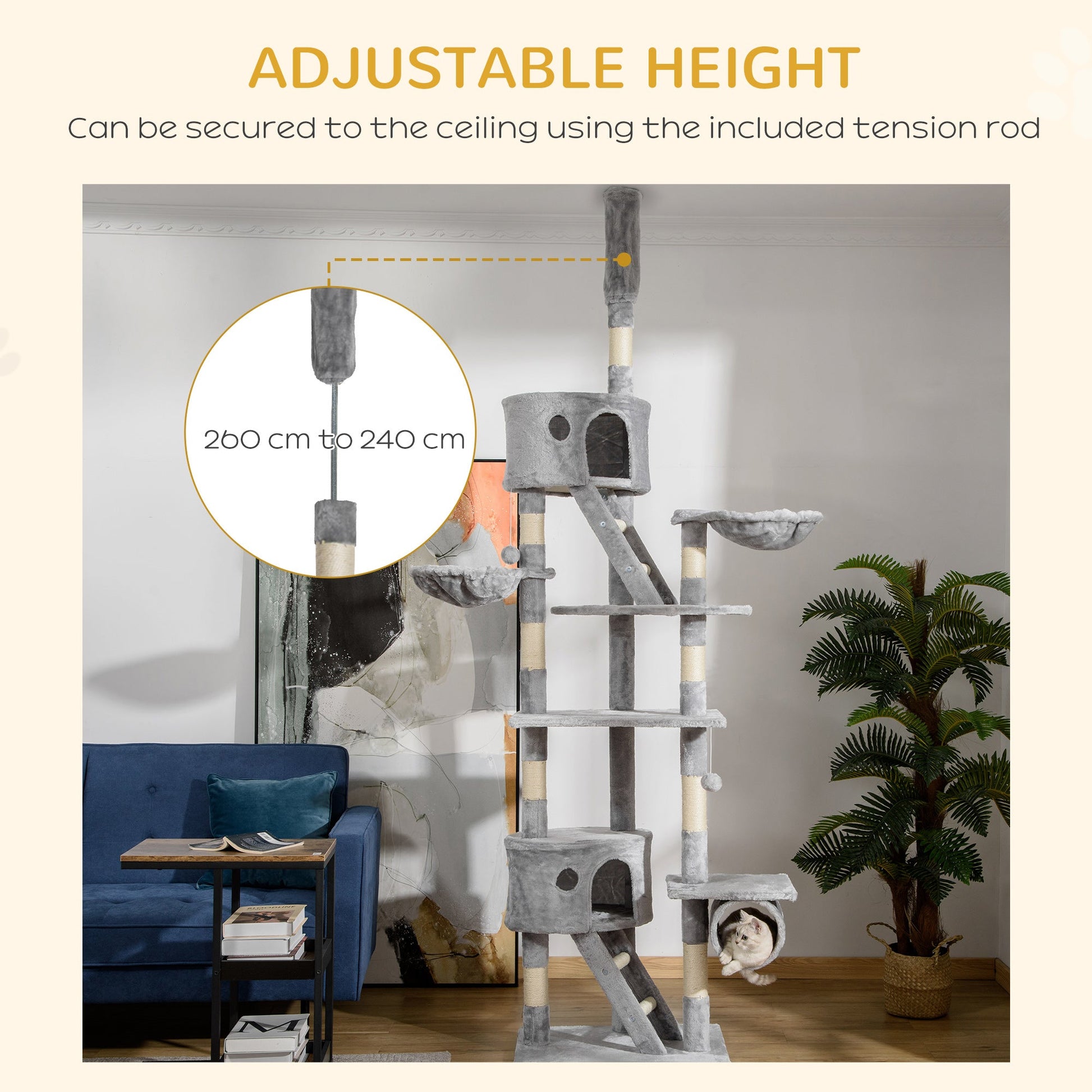 KFX-6852797 Adjustable Floor Standing Cat Tree with Hammock - 94.5-10.25 Inch Height for Climbing and Relaxation