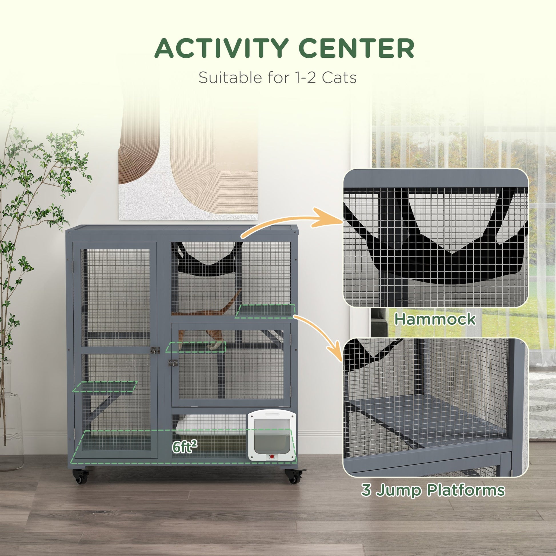 KFX-6853565 Cozy Indoor Cat Enclosure with Multiple Platforms and Mobility for 1-2 Cats