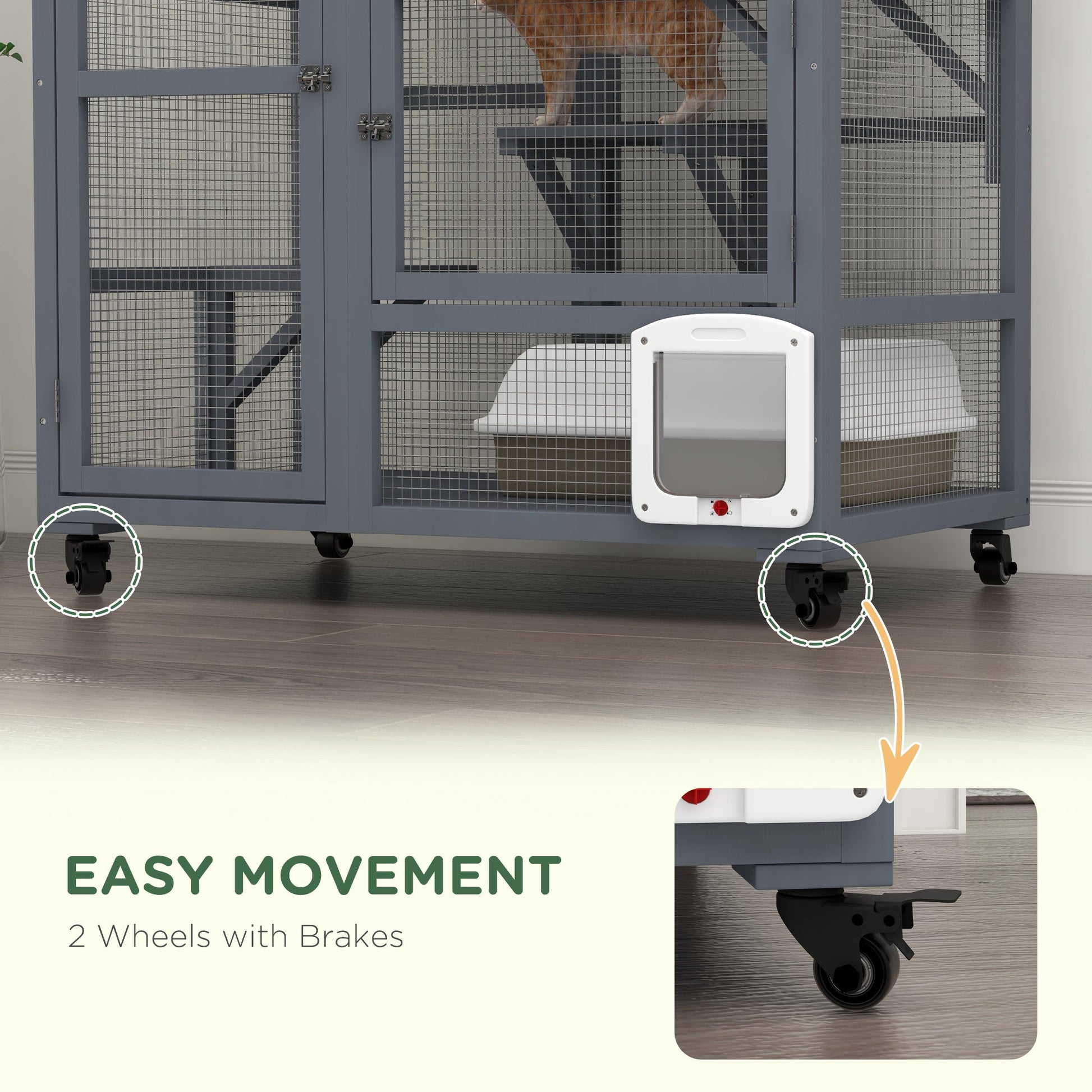 KFX-6853565 Cozy Indoor Cat Enclosure with Multiple Platforms and Mobility for 1-2 Cats