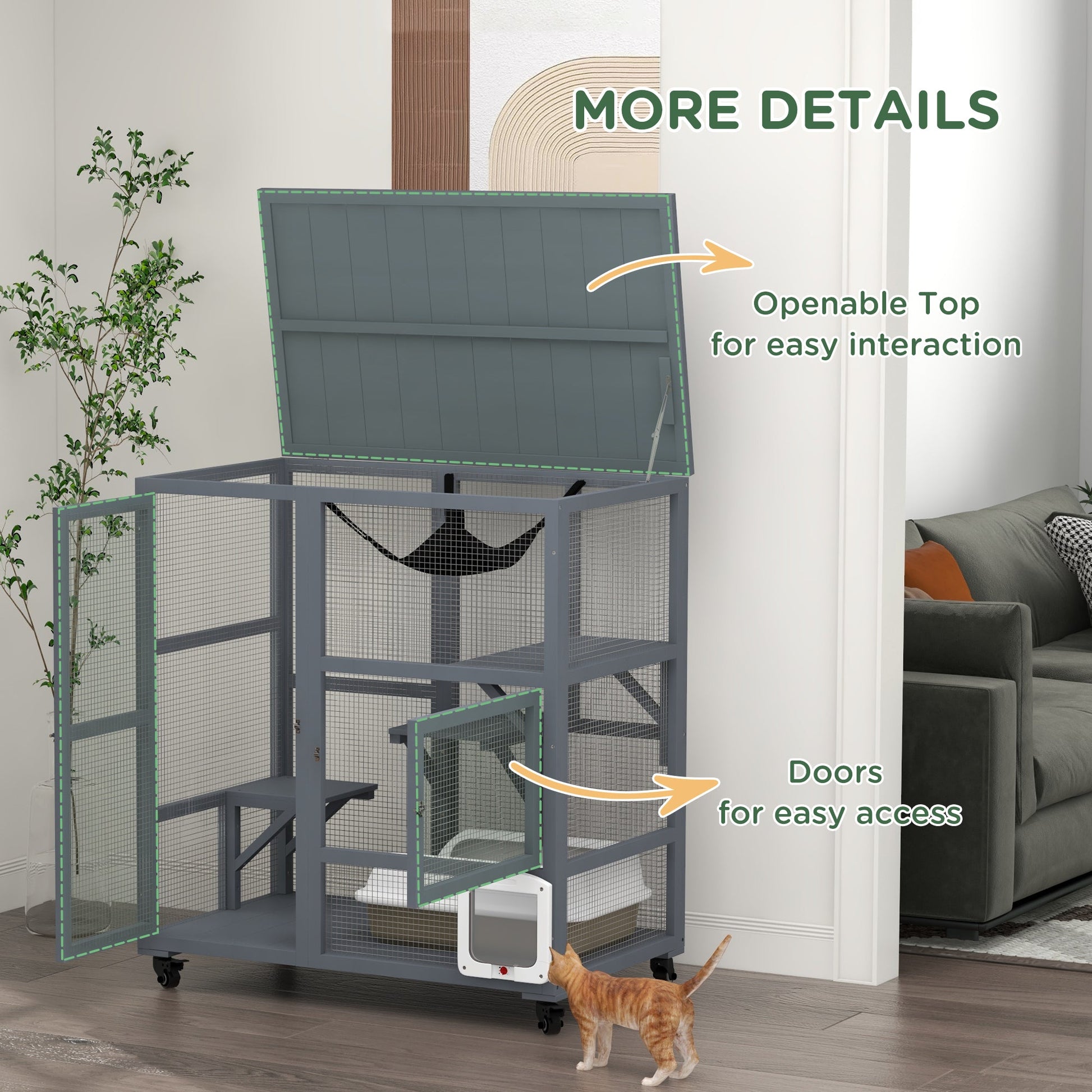 KFX-6853565 Cozy Indoor Cat Enclosure with Multiple Platforms and Mobility for 1-2 Cats