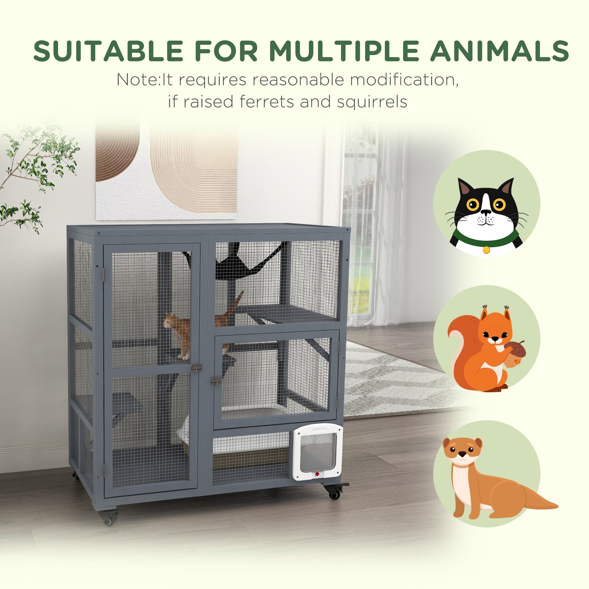 KFX-6853565 Cozy Indoor Cat Enclosure with Multiple Platforms and Mobility for 1-2 Cats