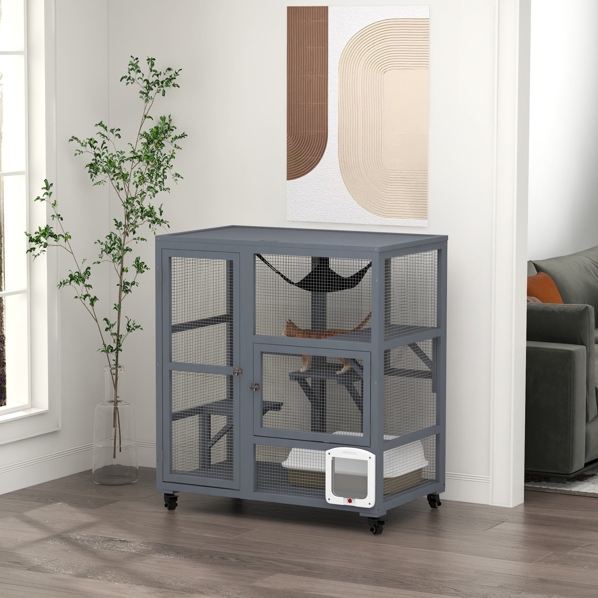 KFX-6853565 Cozy Indoor Cat Enclosure with Multiple Platforms and Mobility for 1-2 Cats
