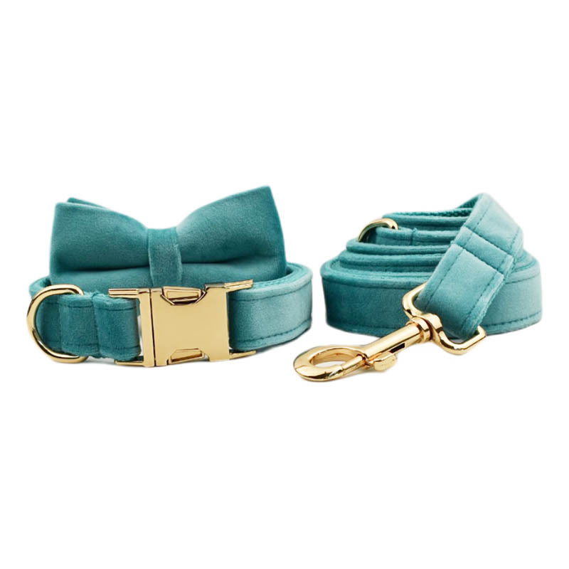 KFX-6858557 Velvet Dog Collar Set with Adjustable Traction Rope and Bow Tie