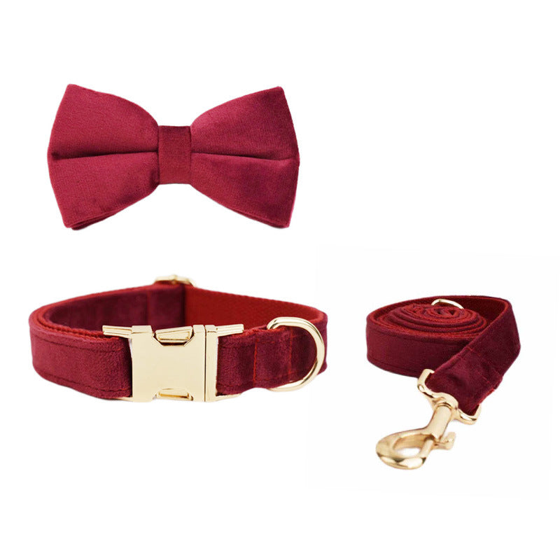 KFX-6858557 Velvet Dog Collar Set with Adjustable Traction Rope and Bow Tie
