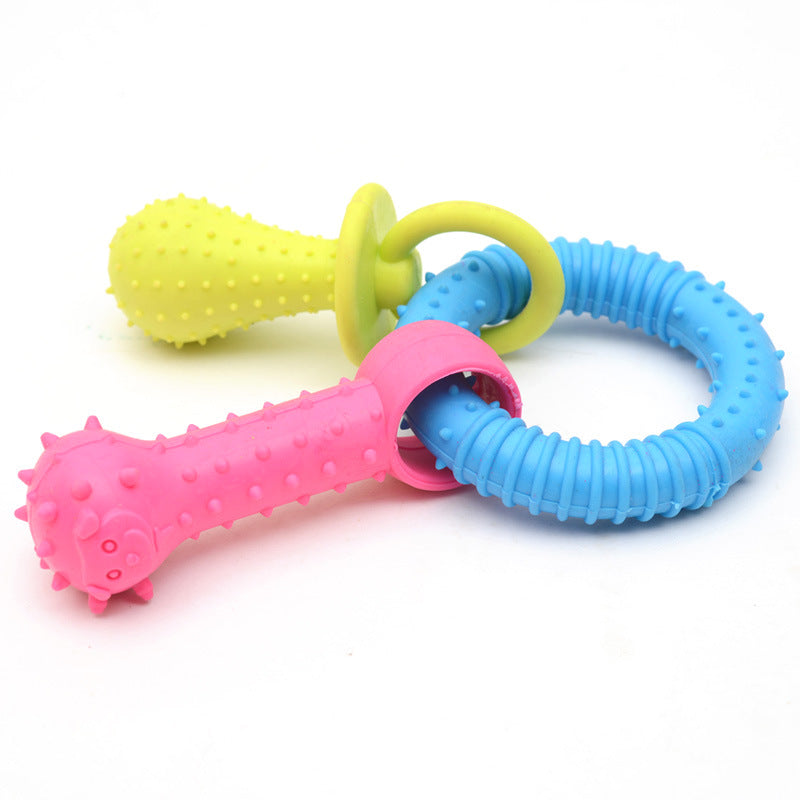 KFX-6860093 TPR Rubber Barbell Pet Toy with Spiked Ring for Chewing, 12.5cm in Yellow, Rose Red, and Blue