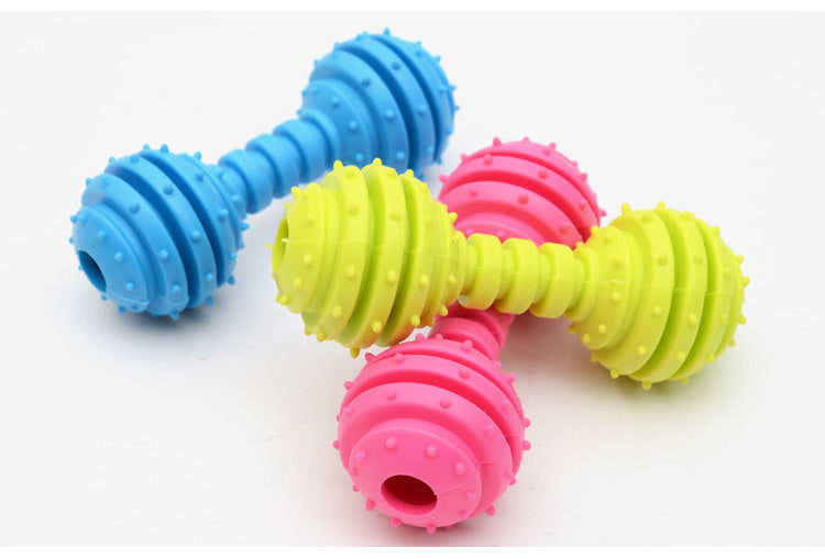 KFX-6860093 TPR Rubber Barbell Pet Toy with Spiked Ring for Chewing, 12.5cm in Yellow, Rose Red, and Blue