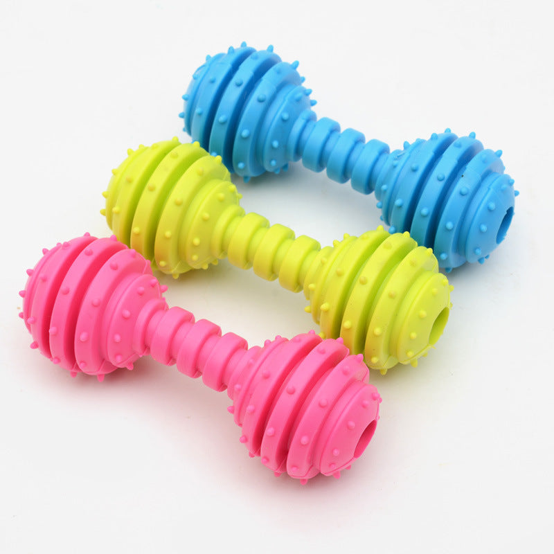 KFX-6860093 TPR Rubber Barbell Pet Toy with Spiked Ring for Chewing, 12.5cm in Yellow, Rose Red, and Blue