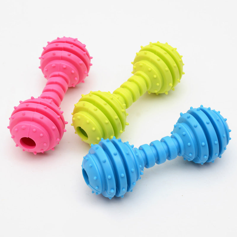 KFX-6860093 TPR Rubber Barbell Pet Toy with Spiked Ring for Chewing, 12.5cm in Yellow, Rose Red, and Blue