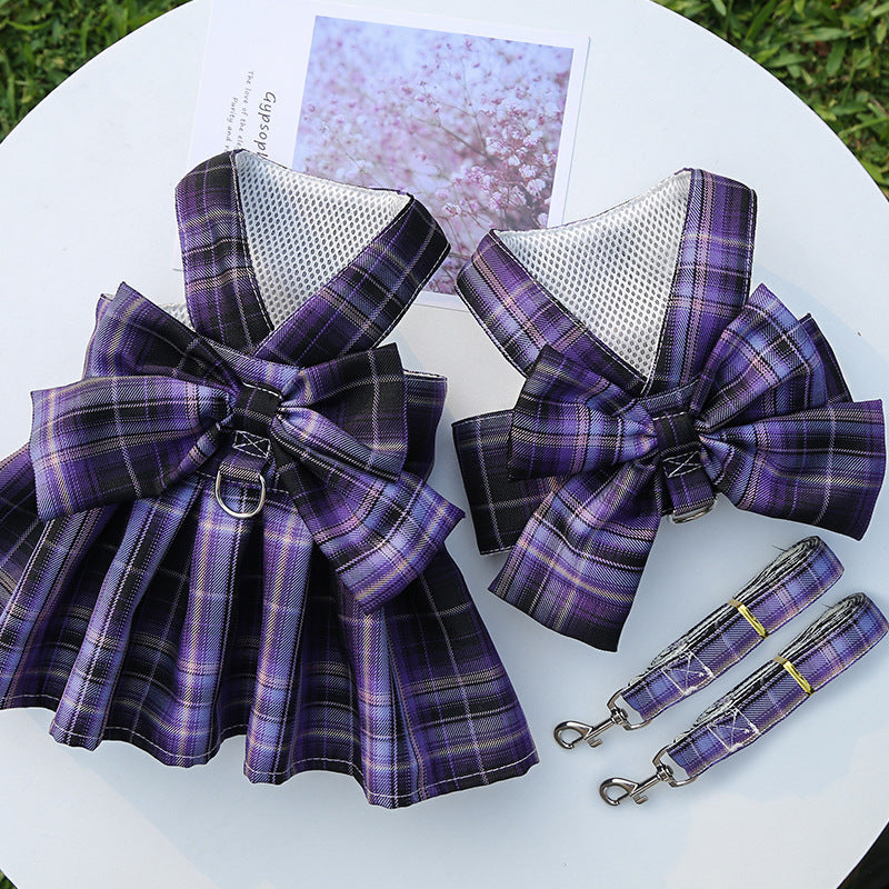 KFX-6864317 Stylish Plaid Strap Dog Leash and Skirt Set for Pets