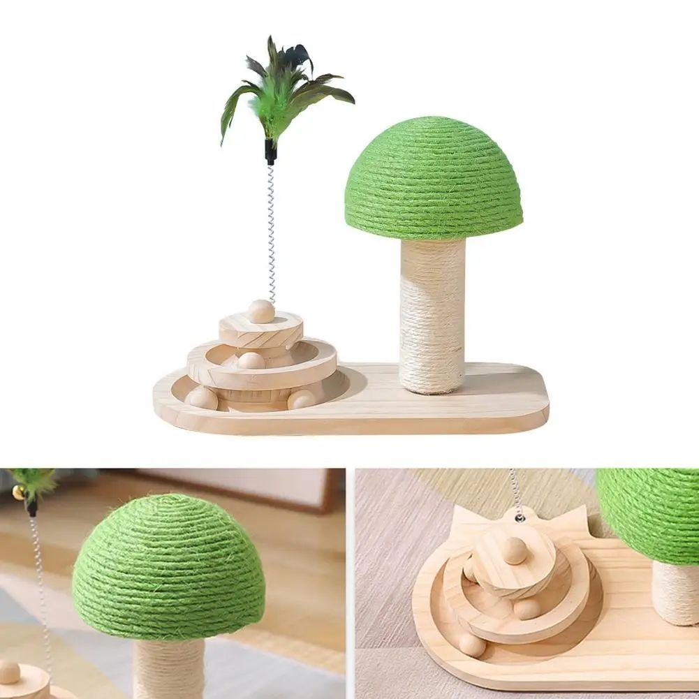 KFX-6865853 Cat Mushroom Scratching Post with Rotating Wooden Balls and Sisal Rope for Interactive Play and Climbing