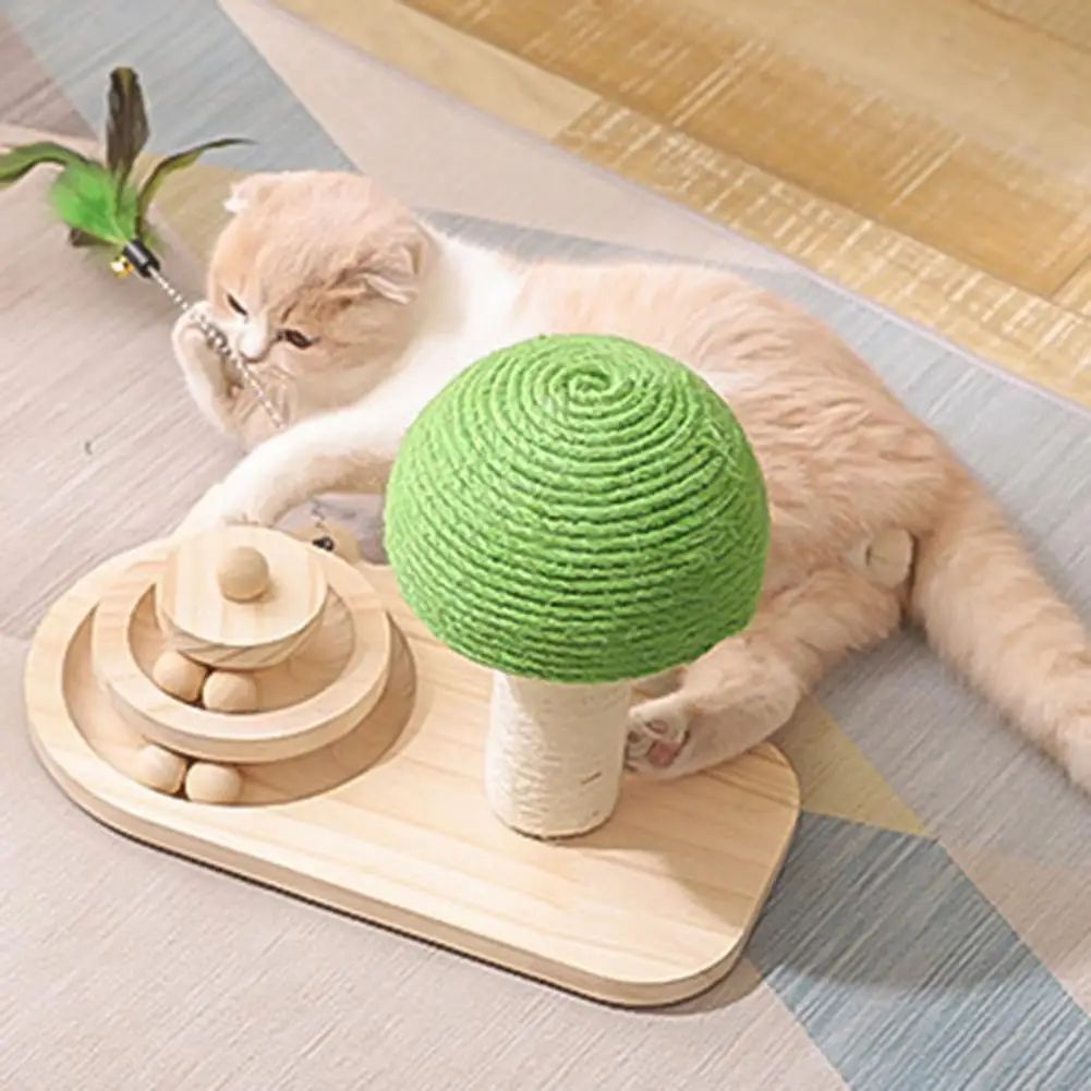 KFX-6865853 Cat Mushroom Scratching Post with Rotating Wooden Balls and Sisal Rope for Interactive Play and Climbing