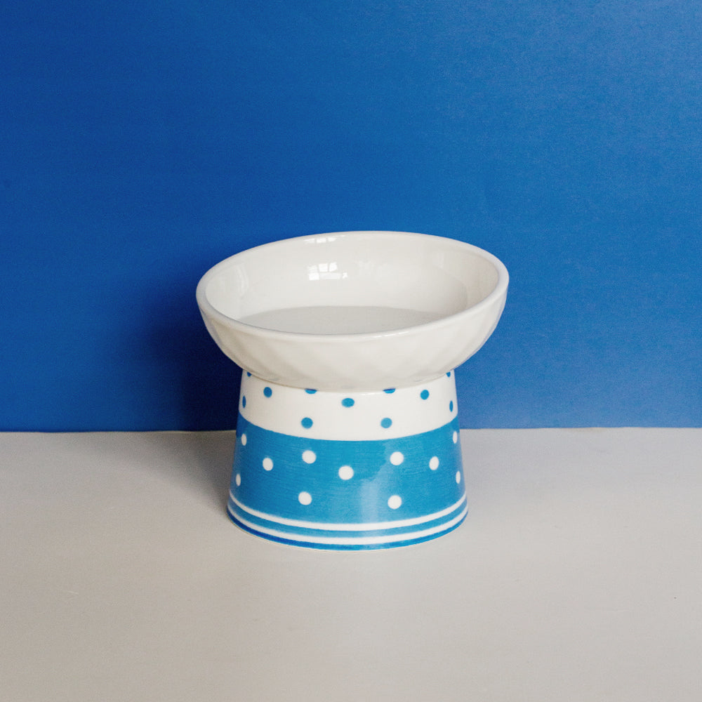 KFX-6870973 Tall Ceramic Polka Dot Cat Bowl Set - Blue and Pink Design, 2-Pack