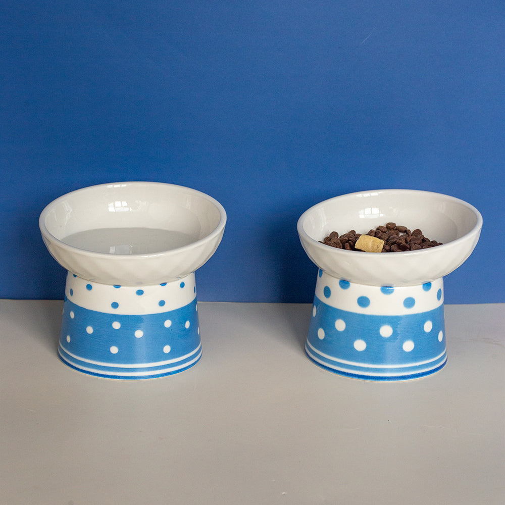 KFX-6870973 Tall Ceramic Polka Dot Cat Bowl Set - Blue and Pink Design, 2-Pack