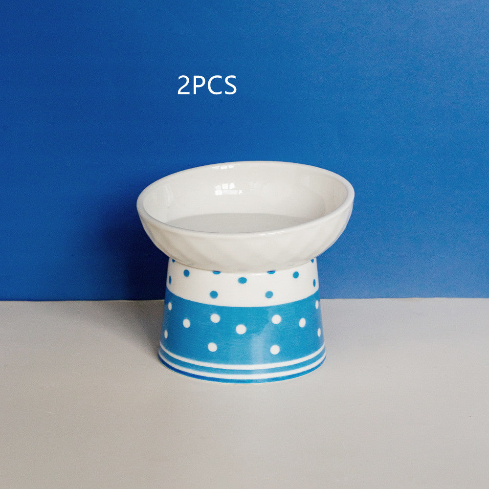 KFX-6870973 Tall Ceramic Polka Dot Cat Bowl Set - Blue and Pink Design, 2-Pack