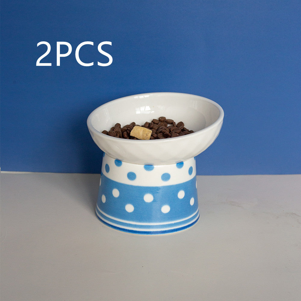 KFX-6870973 Tall Ceramic Polka Dot Cat Bowl Set - Blue and Pink Design, 2-Pack