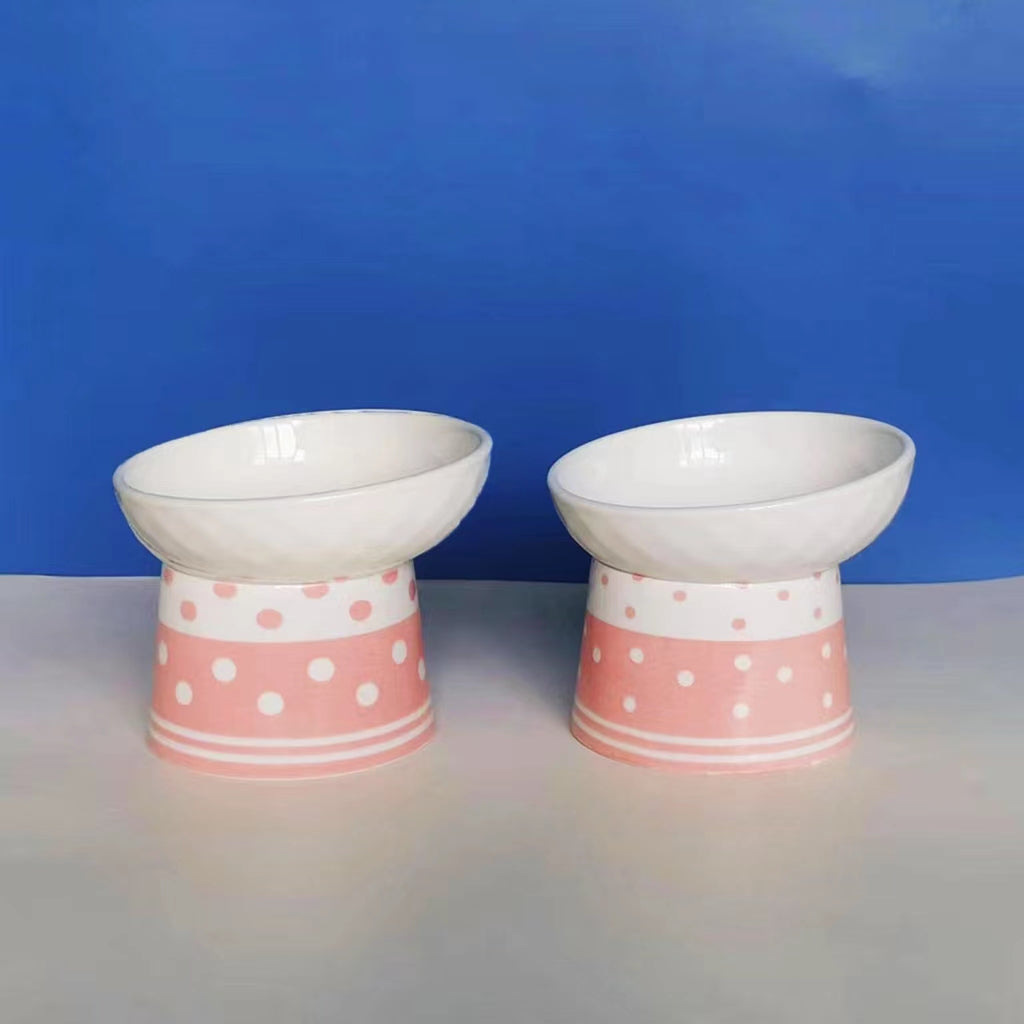 KFX-6870973 Tall Ceramic Polka Dot Cat Bowl Set - Blue and Pink Design, 2-Pack