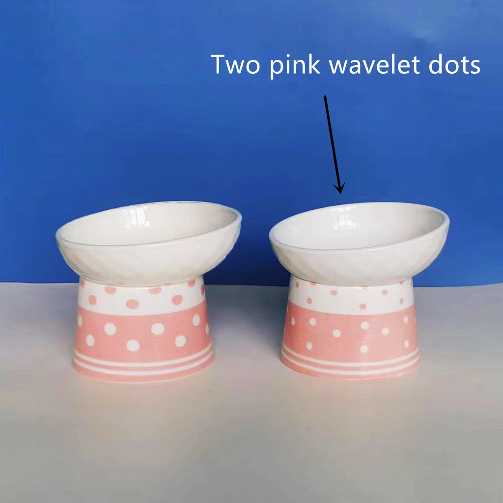 KFX-6870973 Tall Ceramic Polka Dot Cat Bowl Set - Blue and Pink Design, 2-Pack
