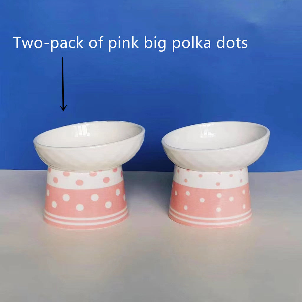 KFX-6870973 Tall Ceramic Polka Dot Cat Bowl Set - Blue and Pink Design, 2-Pack