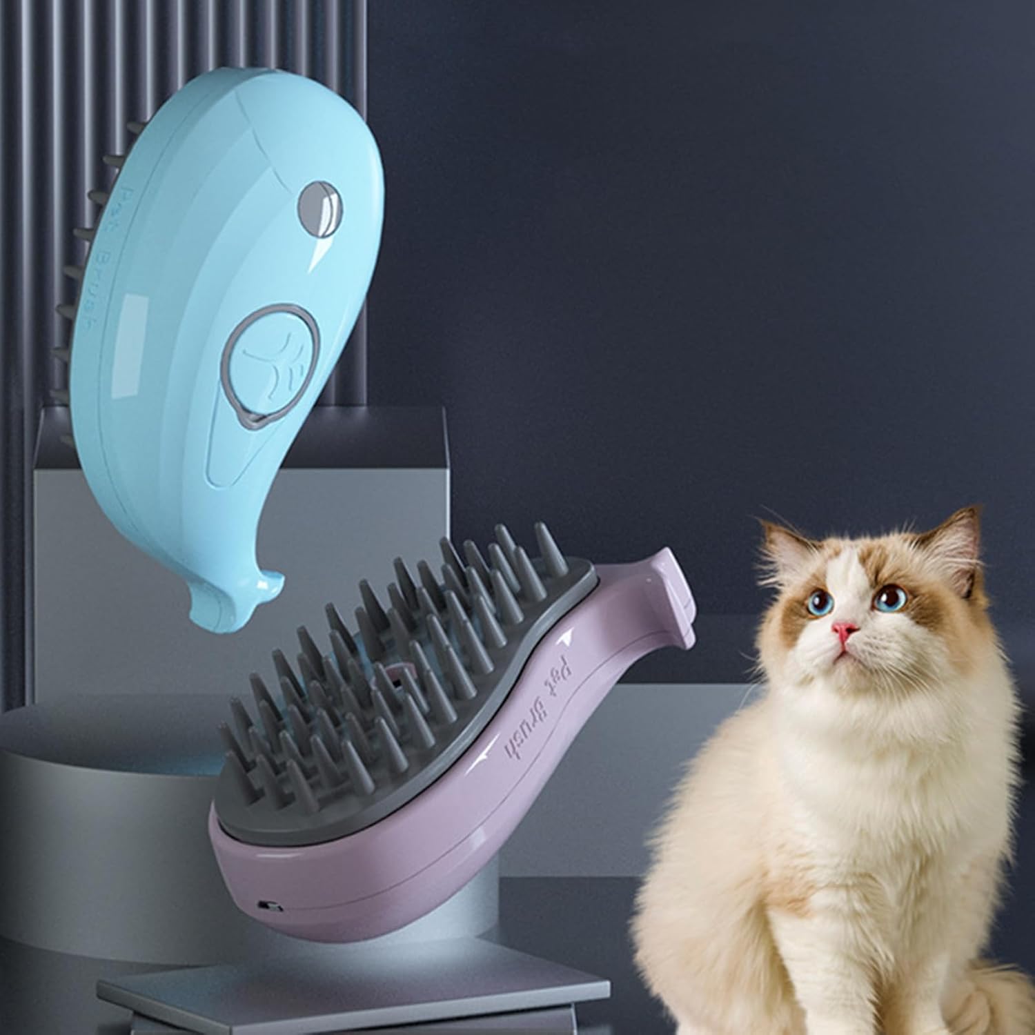 KFX-6872253 3-in-1 Whale-Shaped Cat Steam Brush for Grooming, De-Shedding, and Massage