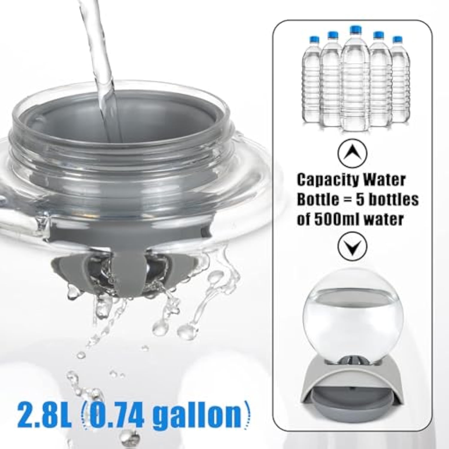 KFX-6874045 Automatic 2.8L Pet Water Dispenser for Cats, Dogs & Rabbits - Gravity Feed Design with Detachable Dish and Spherical Waterer