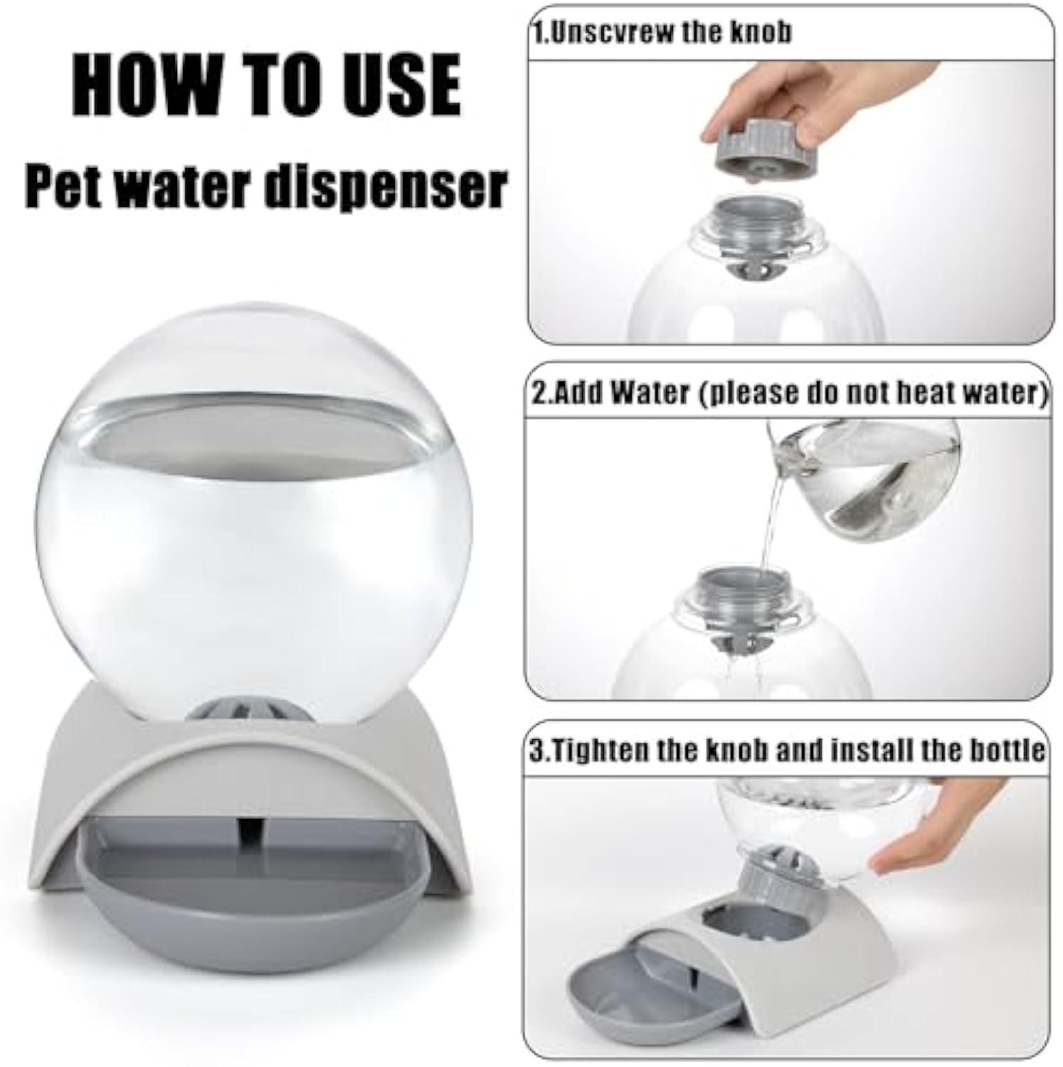 KFX-6874045 Automatic 2.8L Pet Water Dispenser for Cats, Dogs & Rabbits - Gravity Feed Design with Detachable Dish and Spherical Waterer