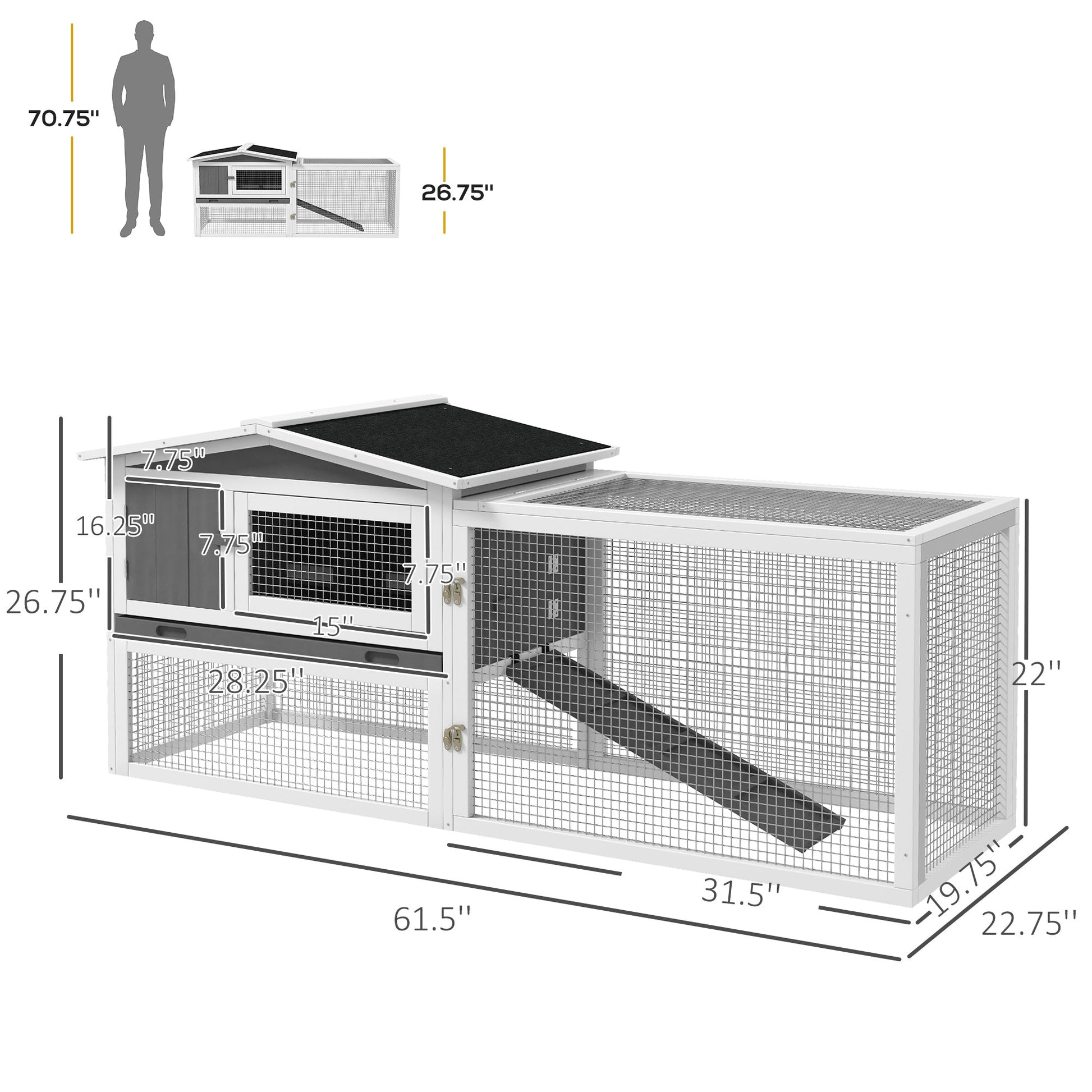 KFX-6880189 2-Story Large Rabbit Hutch with Removable Tray, Waterproof Roof, and Detachable Run for Small Animals