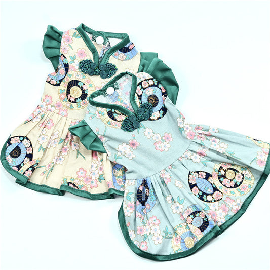 KFX-6883901 Retro Chinese Style Pet Dress for Dogs - Summer Skirt in Oil Paper Umbrella Green and Beige, Available in Sizes S to XXL
