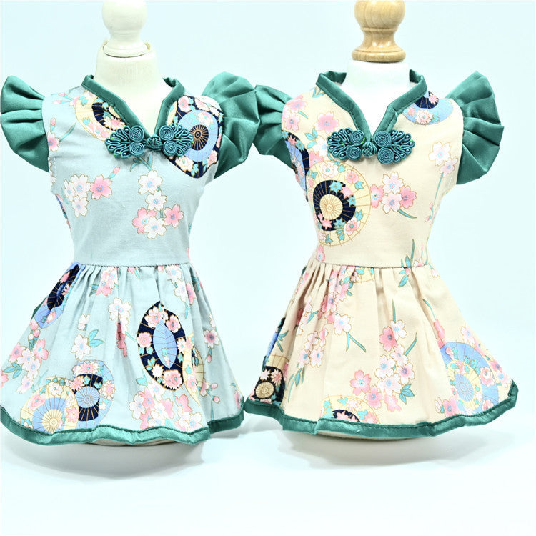 KFX-6883901 Retro Chinese Style Pet Dress for Dogs - Summer Skirt in Oil Paper Umbrella Green and Beige, Available in Sizes S to XXL