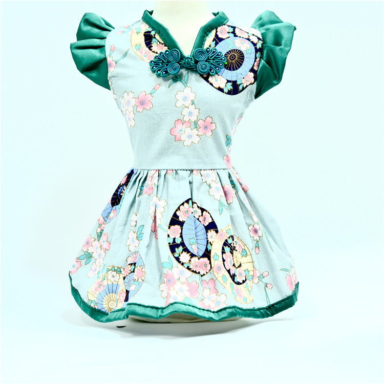 KFX-6883901 Retro Chinese Style Pet Dress for Dogs - Summer Skirt in Oil Paper Umbrella Green and Beige, Available in Sizes S to XXL