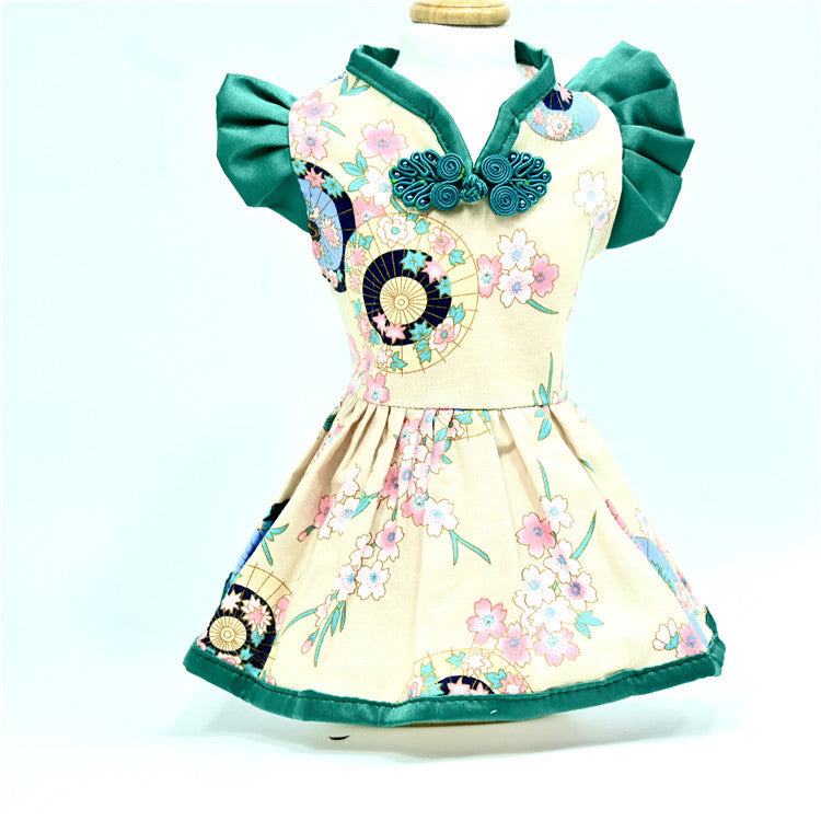 KFX-6883901 Retro Chinese Style Pet Dress for Dogs - Summer Skirt in Oil Paper Umbrella Green and Beige, Available in Sizes S to XXL