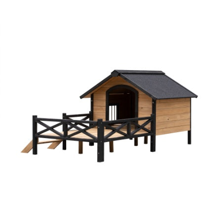 KFX-6885565 Outdoor Large Wooden Cabin Dog Kennel with Porch, Weatherproof Design and Easy Assembly