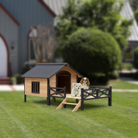 KFX-6885565 Outdoor Large Wooden Cabin Dog Kennel with Porch, Weatherproof Design and Easy Assembly