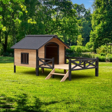 KFX-6885565 Outdoor Large Wooden Cabin Dog Kennel with Porch, Weatherproof Design and Easy Assembly