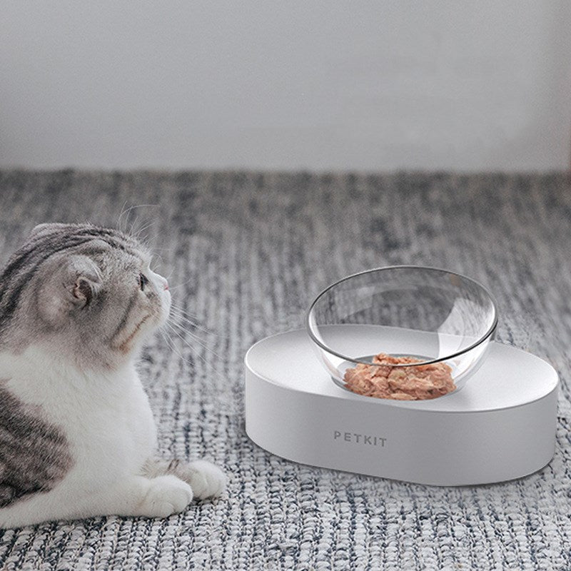 KFX-6897981 Adjustable Oblique Mouth Double Bowl Cat Feeding Station with Plastic and Stainless Steel Materials