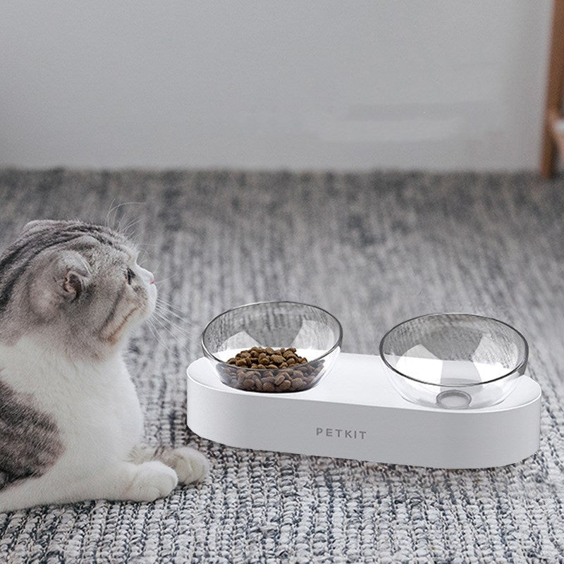 KFX-6897981 Adjustable Oblique Mouth Double Bowl Cat Feeding Station with Plastic and Stainless Steel Materials