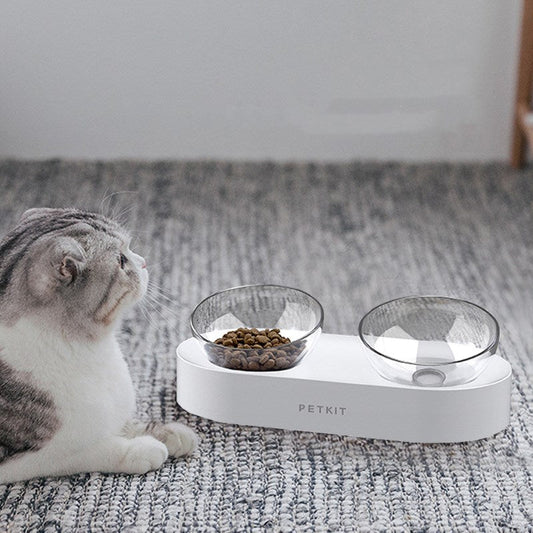 KFX-6897981 Adjustable Oblique Mouth Double Bowl Cat Feeding Station with Plastic and Stainless Steel Materials