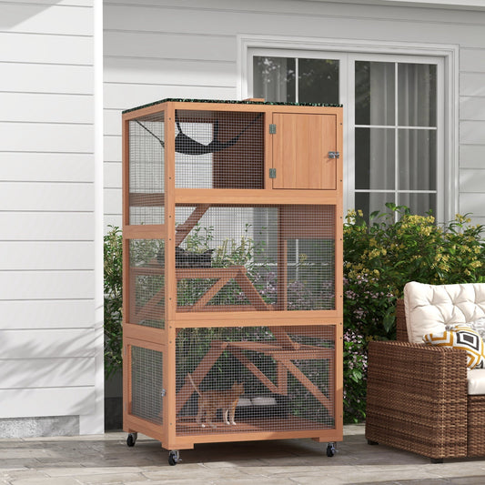 KFX-6901821 Outdoor Cat Enclosure with Wheels, Hammock and Sleeping Box, Orange and Green