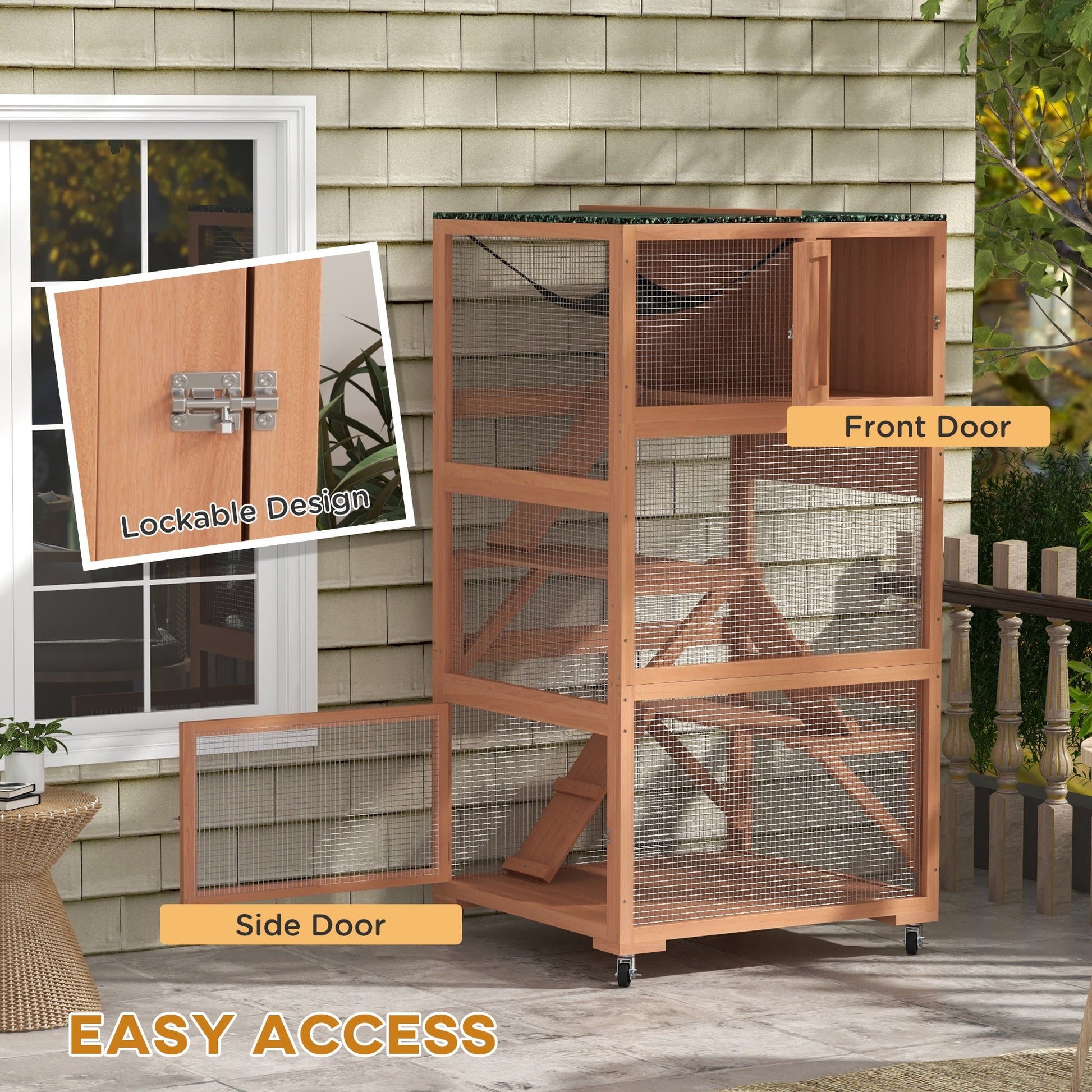 KFX-6901821 Outdoor Cat Enclosure with Wheels, Hammock and Sleeping Box, Orange and Green