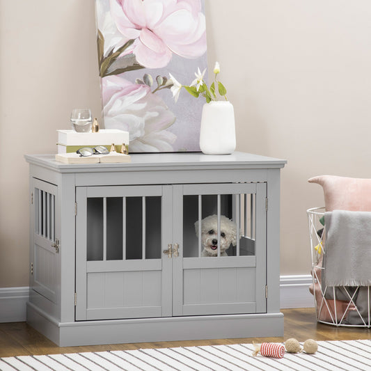 KFX-6907197 Dog Crate Table with French Doors and Magnetic Closure for Small Pets - Dark Gray
