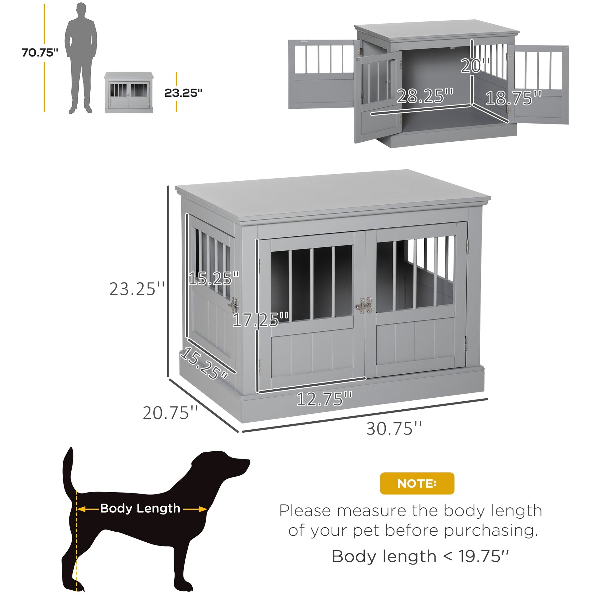KFX-6907197 Dog Crate Table with French Doors and Magnetic Closure for Small Pets - Dark Gray
