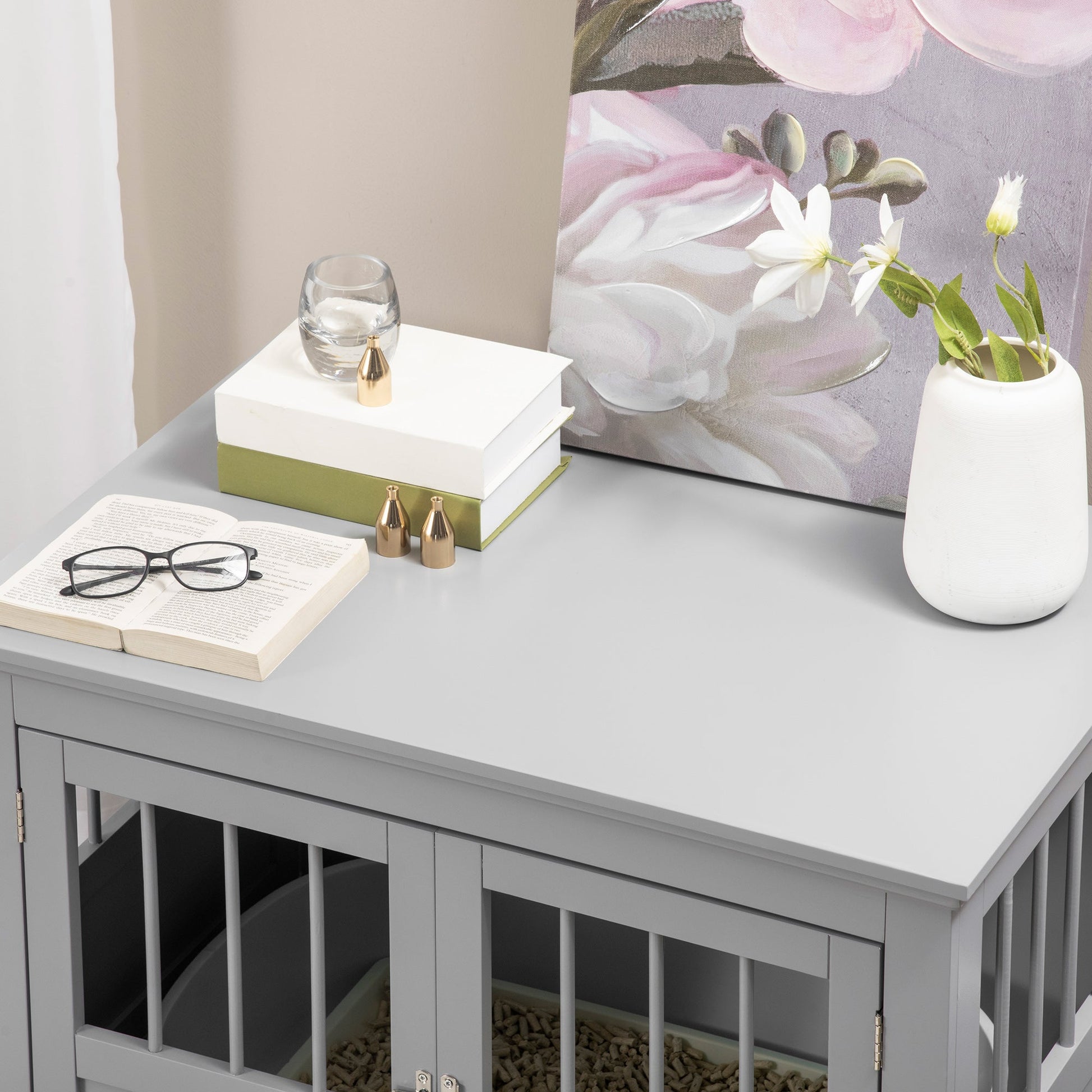 KFX-6907197 Dog Crate Table with French Doors and Magnetic Closure for Small Pets - Dark Gray