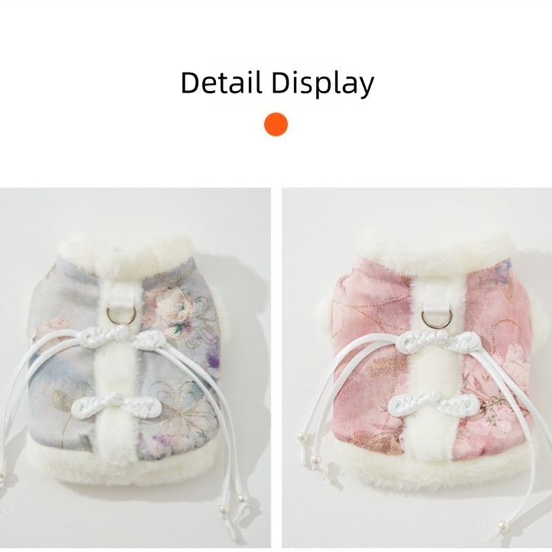 KFX-6908093 Elegant Chinese-Style Fleece Vest for Small to Medium Pets - Warm Floral Design for Autumn & Winter Celebrations
