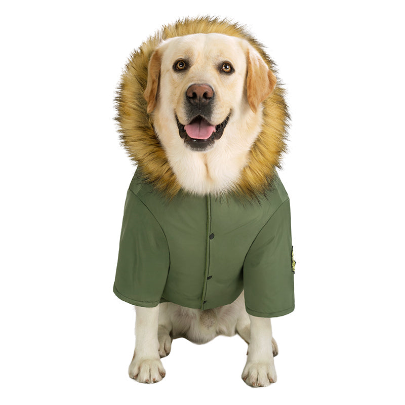 KFX-6913469 Thick Army Green Down Jacket for Large Dogs, Polar Fleece Lined, Autumn & Winter Wear