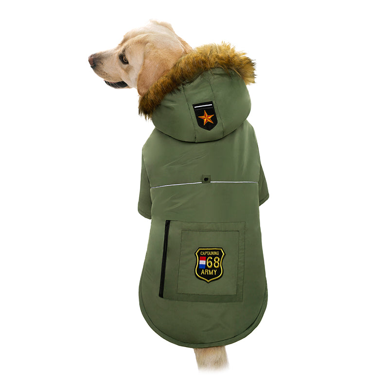 KFX-6913469 Thick Army Green Down Jacket for Large Dogs, Polar Fleece Lined, Autumn & Winter Wear